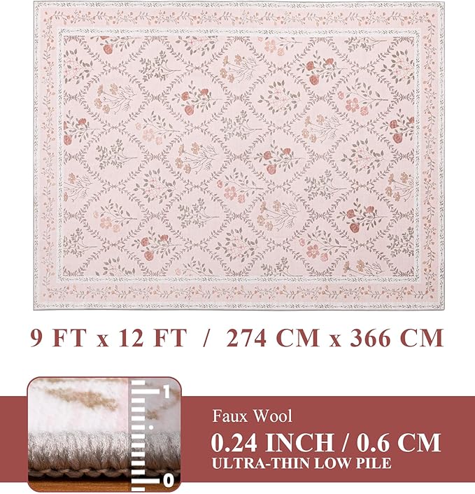 YIHOUSE Pink Floral Print Rugs, Moroccan Trellis 9x12 Washable Large Rug, Modern Pastel Non Slip Ultra-Thin Area Rug for Classroom, Nursery Playroom,Dorm,Bedroom,Living Room, Pink Multi