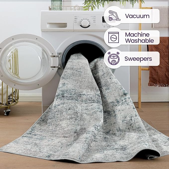 DEXI 8x10 Area Rug for Living Room, Modern Abstract Thin Washable Rug Indoor Floor, Non Slip Stain Resistant Low Pile Carpet for Dining Room Bedroom Office, Blue