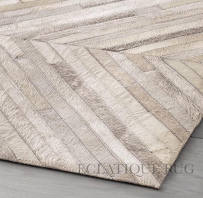 Elegant Rectangular Rug Cowhide Leather Stylish Luxury Non Slip Chevron Patchwork Area Rug for Living Room and Indoor Floor Carpet (Beige-3 x 8 ft)