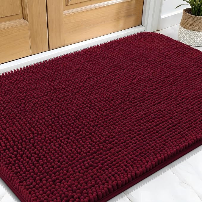 OLANLY Dog Door Mat for Muddy Paws 34x21, Absorbs Moisture and Dirt, Absorbent Non-Slip Washable Doormat, Quick Dry Chenille Mud Mat for Dogs, Entry Indoor Entryway Carpet for Inside Floor, Burgundy