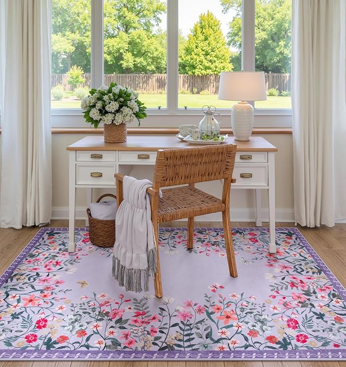 Wonnitar Washable 4x6 Rug, Purple Rugs for Girls Bedroom, Soft Non-Slip Nursery Area Rug, Floral Rug Kids Room Low Pile Throw Carpet for Dorm Decor (Purple,4'x6')