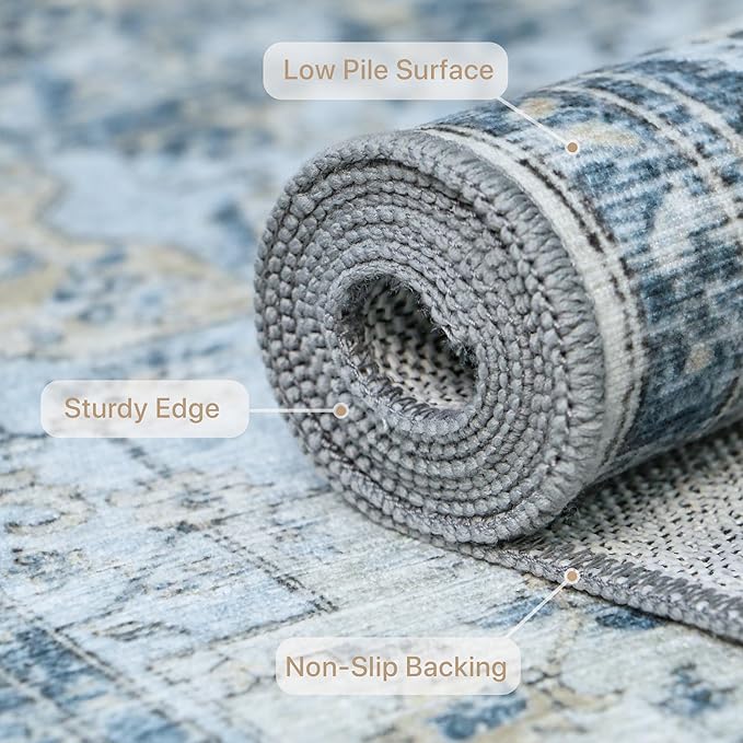 GENIMO 10x14 Area Rugs for Living Room, Machine Washable Rug, Non Slip Vintage Rugs, Low Pile Lightweight Chenille Print Rug for Bedroom, Dining Room, Home Office, Blue