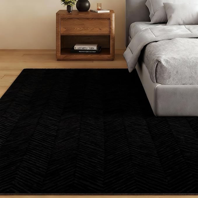 Area Rug for Living Room - 4x6 Soft Faux Rabbit Fur Modern Geometric Wave Carpet for Bedroom, Black