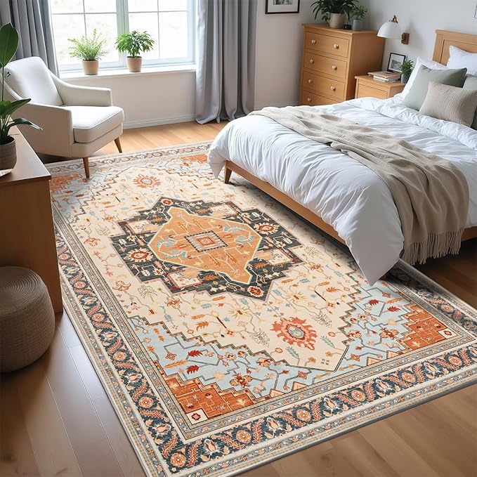 5x7 Orange Beige Area Rug for Living Room, Machine Washable Rugs with Non-Slip Backing for Bedroom, Vintage Medallion Carpet Dining Room Office Kids Room Decor