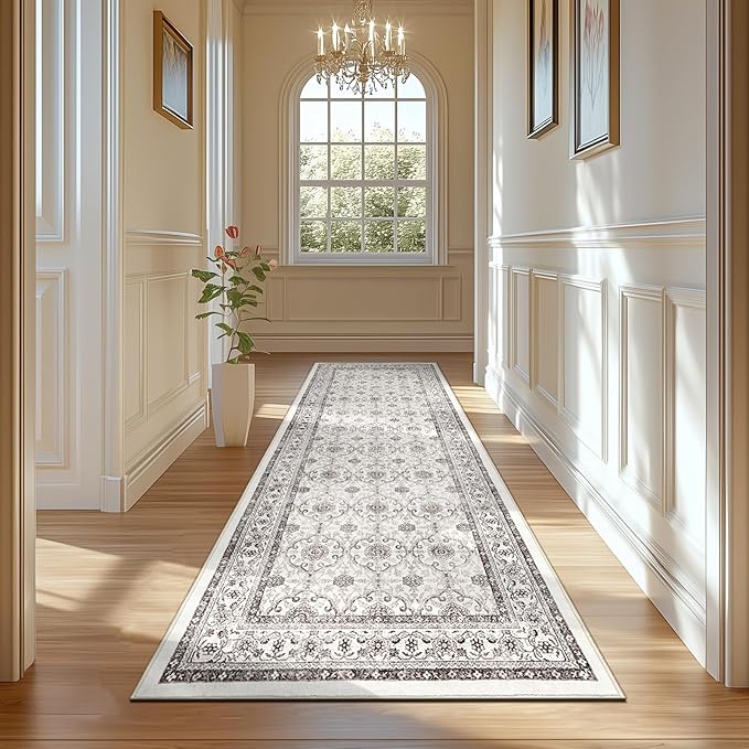 jinchan Hallway Runner Rug 2x10 - Machine Washable Beige Vintage Floral Distressed Design Soft Non-Slip Low-Pile Ultra-Thin Runner Rug for Kitchen Laundry Room Bedroom Farmhouse (2‘x10', Beige)