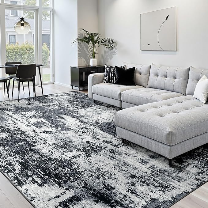 Washable Area Rugs7'x9' Non-Slip Modern Abstract Soft for Living Room Entryway Bedroom Nursery, Print Pattern, Black Gray