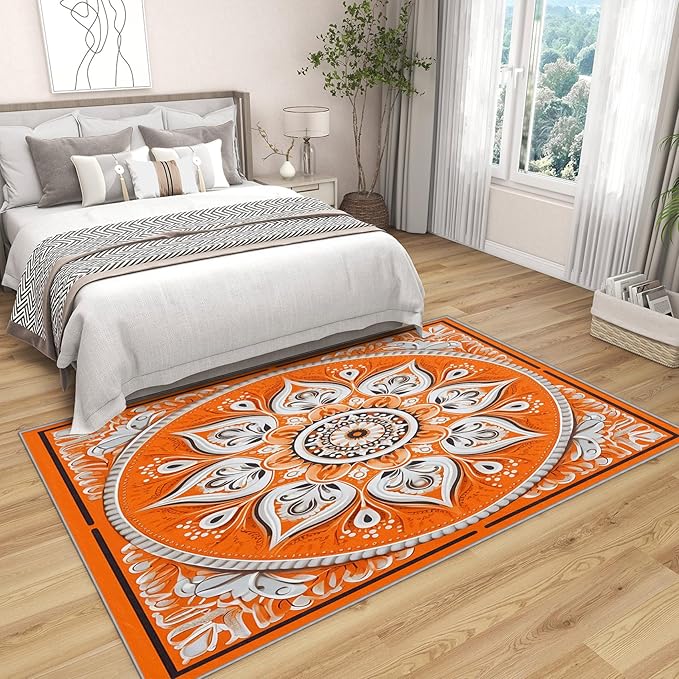 Mandala Rugs 5x7 -Orange Mandala Rug, 4x6 ft, Vintage Meditation Living Room Rug, Hippie Spiritual Washable Area Rugs for Bedroom, Boho Vintage Floral Home Decor & Gifts