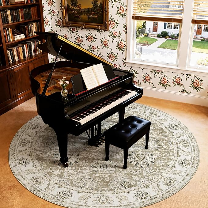 jinchan Fiora Round Rug 8ft Area Rug - Taupe Vintage Floor Mat Indoor Ultra-Thin Soft Floral Print - Washable Circle 8' Retro Accent for Farmhouse Non Slip Dining Room Living Room Bedroom Office