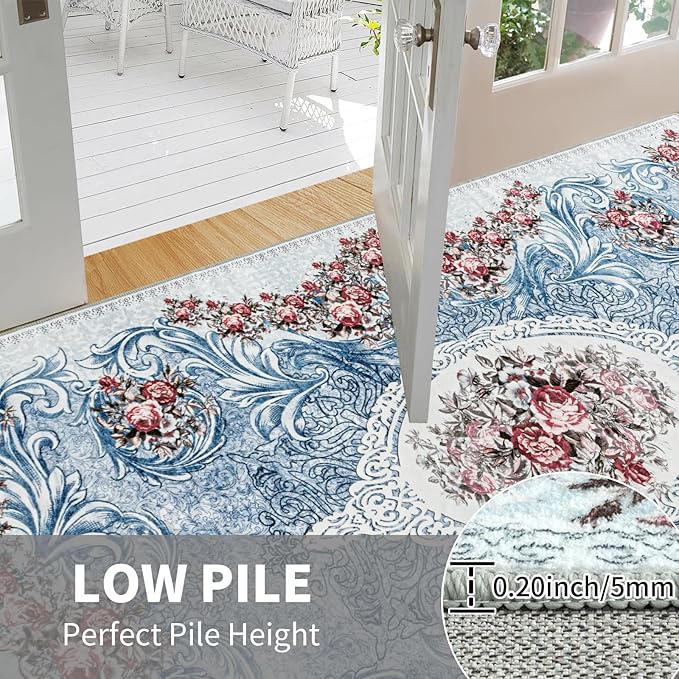 Easy-Going Floral Area Rug 2x3 Washable Entryway Rugs Front Door Mat Indoor Entrance Non-Slip Retro Flowers Small Entry Rug for Living Room Bedroom Kitchen Bathroom Office Lightweight Carpet, Teal Red