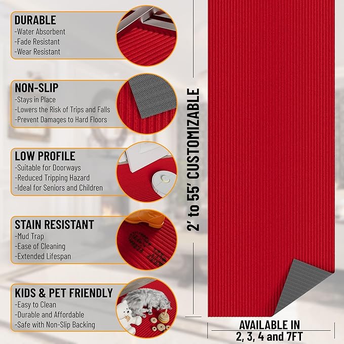 Ottomanson 6' x 6'6" Mud Mat Area Rug Scraper Carpet - Non-Slip, Dirt Trapping for Indoor & Outdoor Use - Ideal for Entryway, Garage, Kitchen, Patio & High-Traffic Areas, Red