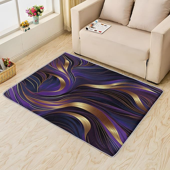 Purple and Gold Rug, 5x6 Rug, Luxury Rugs for Living Room Bedroom, Abstract Large Area Rug, Washable Rug Non Slip Soft Indoor Carpet, Purple and Gold Home & Room Decor