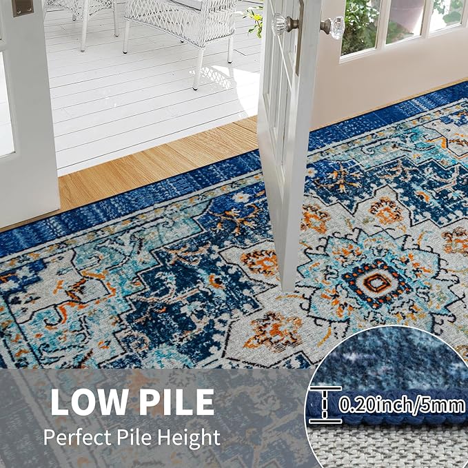 Easy-Going Area Rug 6x9 Washable Boho Rugs for Living Room Non-Slip Bedroom Rug Low Pile Lightweight Tangerine Vintage Throw Rug for Dining Room Kitchen Home Office Carpet, Floral Aqua Yellow