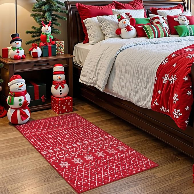 Lahome Christmas Door Mat 2x3 Red Entryway Rug Small Washable Area Rugs Non-Slip Indoor Entry Carpet Throw Soft Bathroom Mat, Snowflake Home Xmas Holiday Decor Thin Floor Doormat Carpet for Bedside