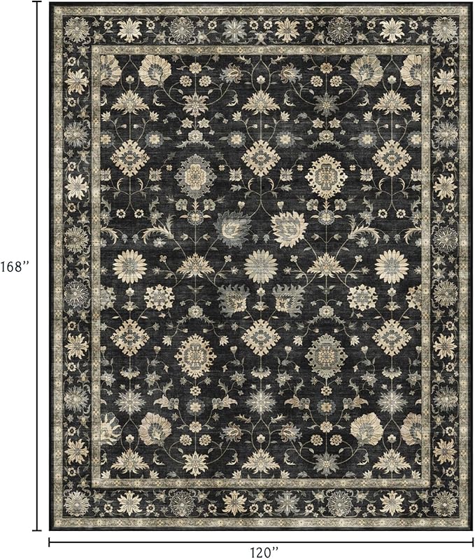 Area Rugs 10x14 Living Room - Large Washable Charcoal Black Boho Rugs for Bedroom Soft Vintage Farmhouse Rug Ultra-Thin Traditional Floral Carpet Moody Rug for Dining Room Guest Room Home Decor
