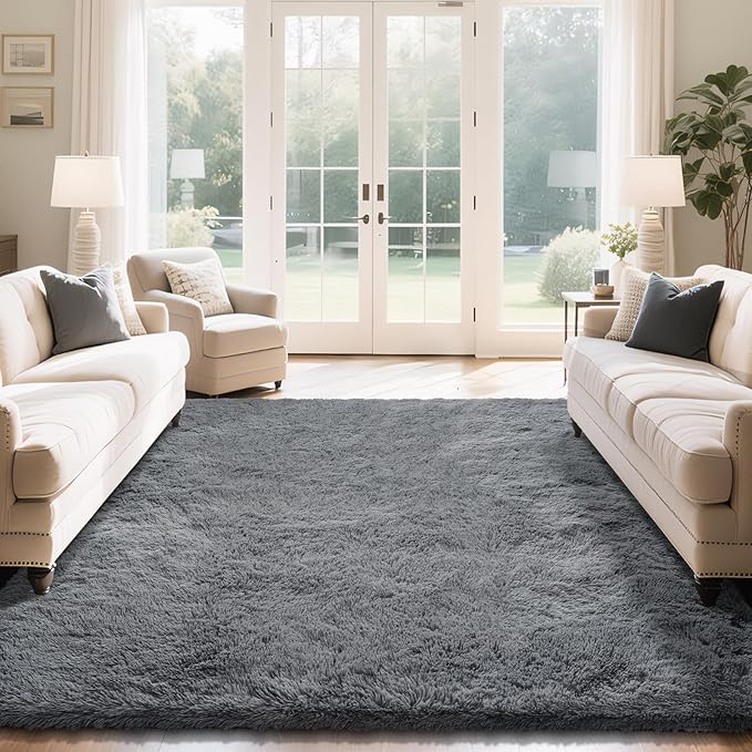Fluffy Rug Shaggy Area Rug, Dark Grey 9x12 Area Rugs for Living Room, Large Shag Area Rugs for Bedroom Kids Room Home Decor, Upgrade Anti-Skid Rectangular Fuzzy Rugs