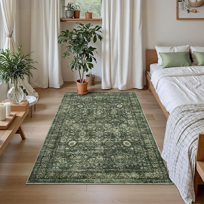 Morebes Washable Green Area Rugs 4x6, Vintage Boho Rugs for Bedroom, Soft Distressed Indoor Floor Non-Slip Non-Shedding Living Room Throw Carpet for Kitchen Dining Playroom Entryway Christmas Decor