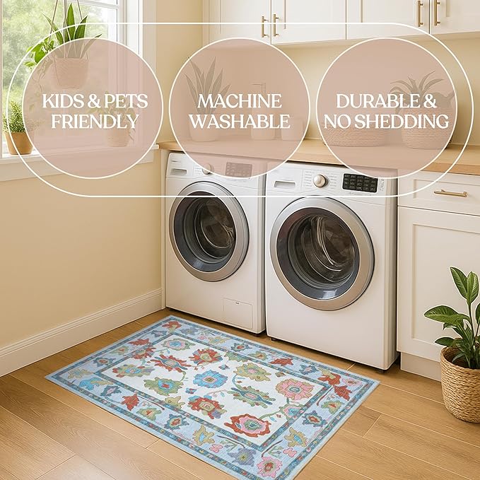 Fame Living Colorful Oushak Rug, Modern, Vintage, Turkish, Eclectic, Floral, Pastel, Washable, Area Rugs for Living Room, Dining, Bedroom, Nursery, Girls, Boys, 5'9"x8'9"