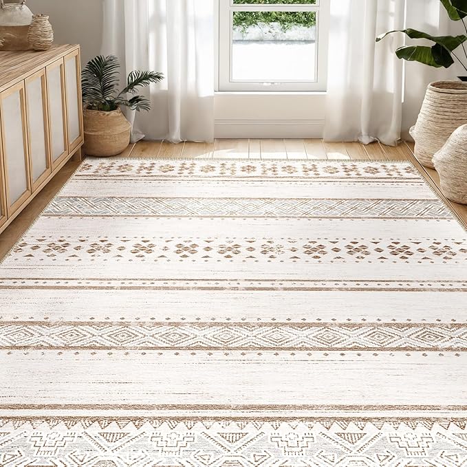 BESTSWEETIE 5x7 Area Rugs for Living Room Washable Moroccan Farmhouse Neutral Geometric Low Pile Non-Slip Soft Print Pattern Rug for Bedroom Kitchen Dining Room Entryway Cream/Brown/Pink