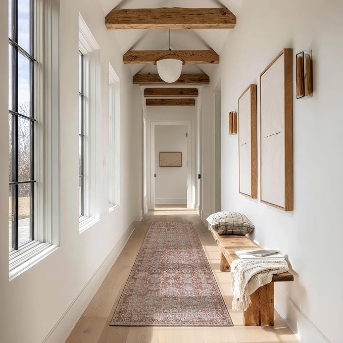 Kuden 2'6"x10 Runner Rug, Machine Washable Area Rug with Non-Slip Backing, Vintage Style, Soft, Easy Clean, Low Pile Rug for Hallway, Entryway, Kitchen, Bedroom