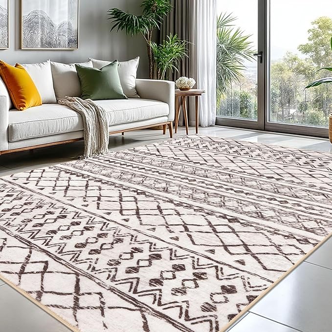 KUTA Boho Living Room Rug 8x10, Moroccan Brown Cream Washable Area Rugs 8x10 Non Slip, Ultra Soft Print Distressed Geometric Low-Pile Throw Carpet for Bedroom Nursery Dorm Decor