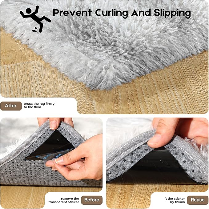 3x5 Tie-Dyed Grey Rugs for Bedroom Living Room, Fluffy Small Area Rug Soft Shag Carpet for Kids Boys and Girls Room with 4 Rugs Non-Slip Stickers Dorm Home Decor (3ft x 5ft)