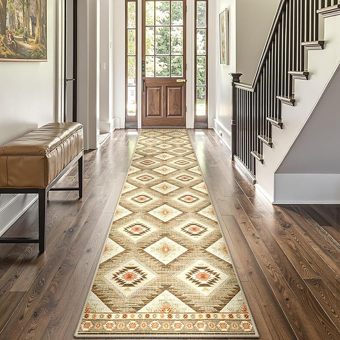 Area Rug 2x8 Rug Machine Washable Non-Slip Low Pile Print Pattern Western Rug for Living Room Bedroom Entryway Tribal Series -Cream/Camel