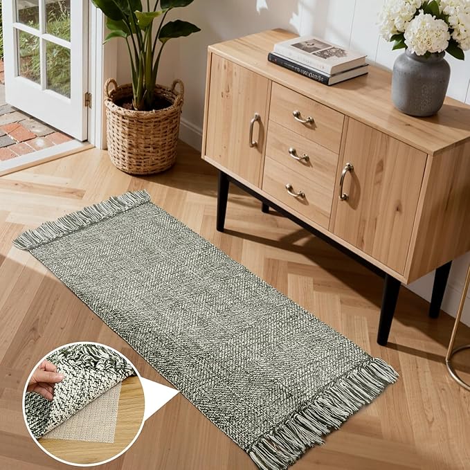 Collive Washable Kitchen Runner Rug, Modern Farmhouse Hand Woven Entryway Rugs Non Slip, Cotton Reversible Bathroom Carpet for Bedroom Hallway Foyer Back Door Decor, 2 x 4.3 ft Olive Green/Cream
