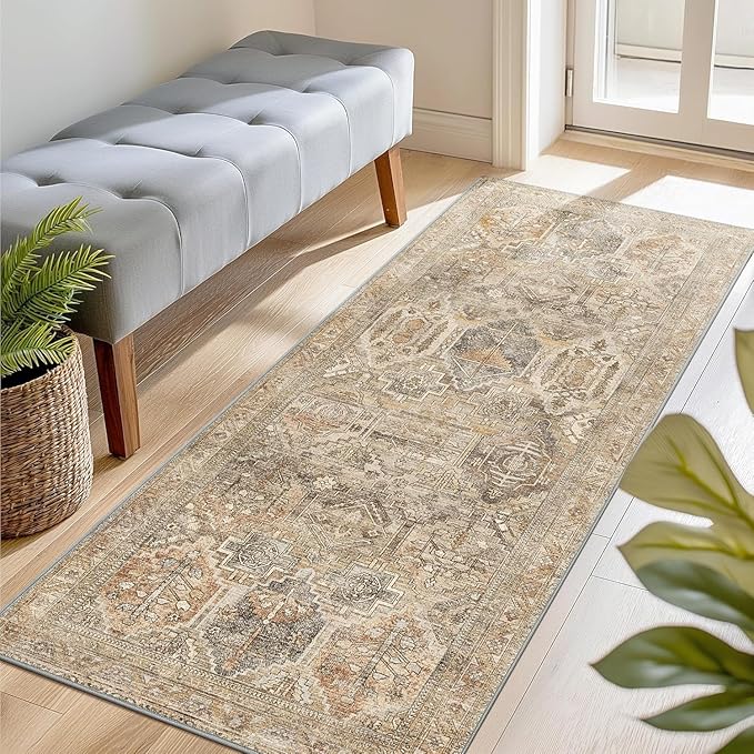 Bavni Runner Rug 2x10 Kitchen Rugs for Hallways Entryway, Washable Vintage Print Carpet, Ultra-Thin Chenille Low Pile Lightweight Rug with Non Slip Backing, Wood