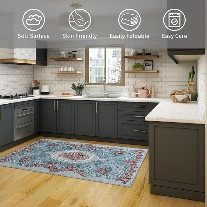 Easy-Going Floral Area Rug 3x5 Entryway Rug Washable Inside Door Mats for Home Entrance Non-Slip Retro Flowers Small Rugs for Entry Living Room Bedroom Kitchen Bathroom Lightweight Carpet, Teal Red