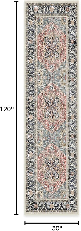 RUGGABLE Washable Vintage Runner Rug – Kamran Cayenne Red 2.5x10, Stain-Resistant, Non-Slip Hallway Runner – Machine Washable Rug for Hallway, Entryway, Living Room & Kitchen – with Standard Pad