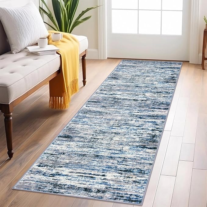 Modern Abstract Runner Rug 2x6, Grey Blue White Washable Kitchen Runner Non-Slip Soft Hallway Rug Runner Thin Print Faux Wool Carpet for Entryway Bedroom Laundry Room Indoor Home Decor