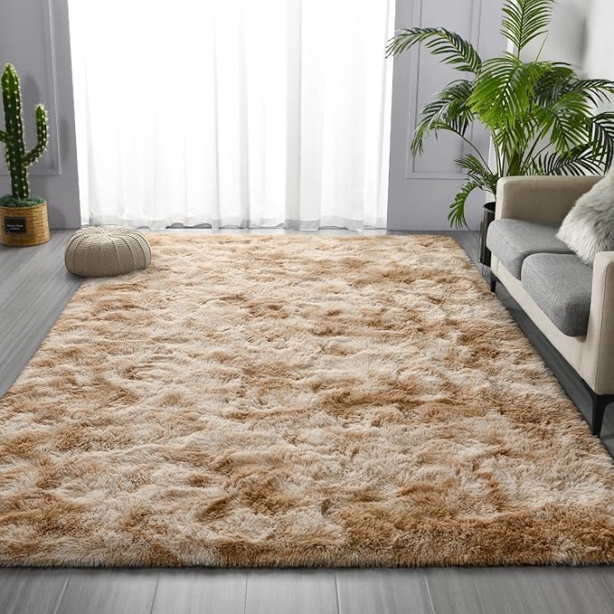 Large Shag Area Rugs 6 x 9, Tie-Dyed Plush Fuzzy Rugs for Living Room, Ultra Soft Fluffy Furry Rug for Bedroom, Indoor Carpet Nursery Rugs for Kids Room Home Decor, Beige