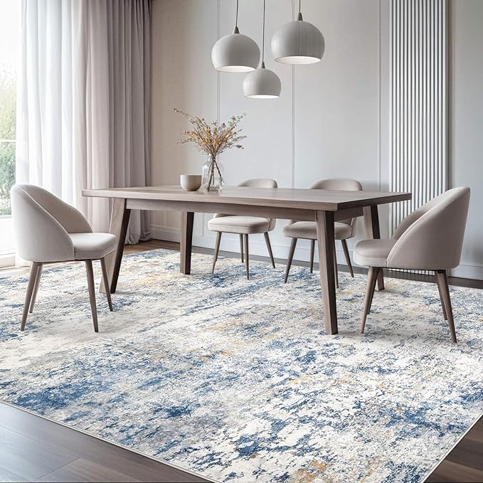 Area Rug Living Room Rugs - 10x14 Abstract Large Soft Indoor Washable Rug Neutral Modern Low Pile Carpet for Bedroom Dining Room Farmhouse Home Office - Blue
