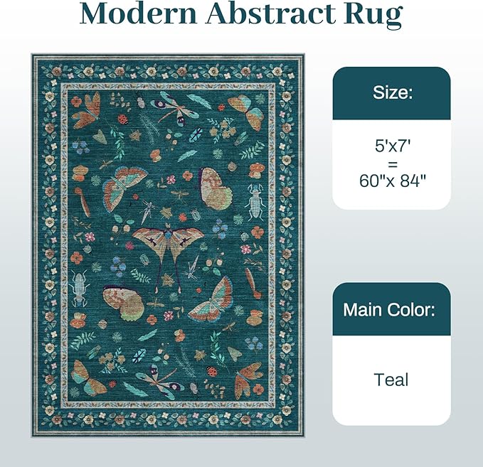5x8 Insect Print Entryway Rug - Indoor Non-Slip Low Pile Machine Washable Bug Rug for Front Door, Living Room, Bedroom, Kitchen, Nursery, Laundry (5'x8' Teal)