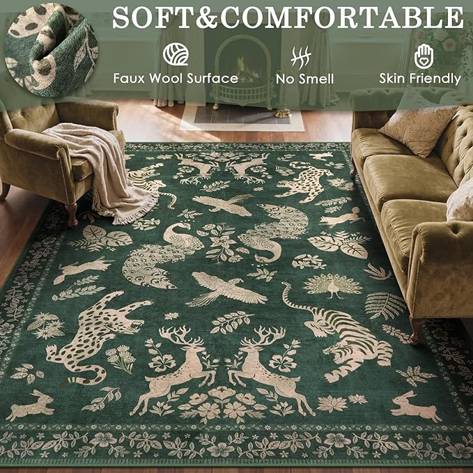 Moynesa Green 8x10 Area Rugs for Living Room, Washable Vintage Neutral Farmhouse Animal Area Rug for Bedroom Dining Room Office Study, Faux Wool Soft Non Slip Retro Carpets for Indoor