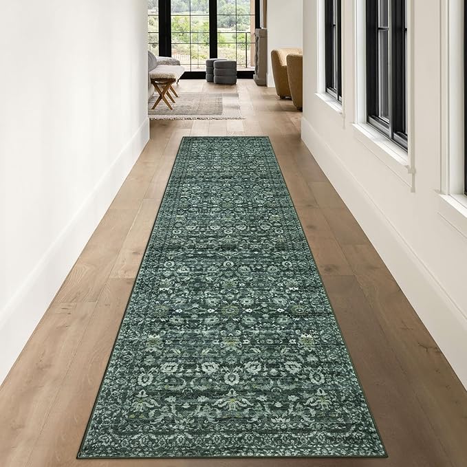 Vintage Runner Rug 3x10, Dark Green Washable Kitchen Runner Non-Slip Soft Hallway Rug Runner Floral Thin Print Faux Wool Carpet for Entryway Bedroom Laundry Room Indoor Home Office Decor