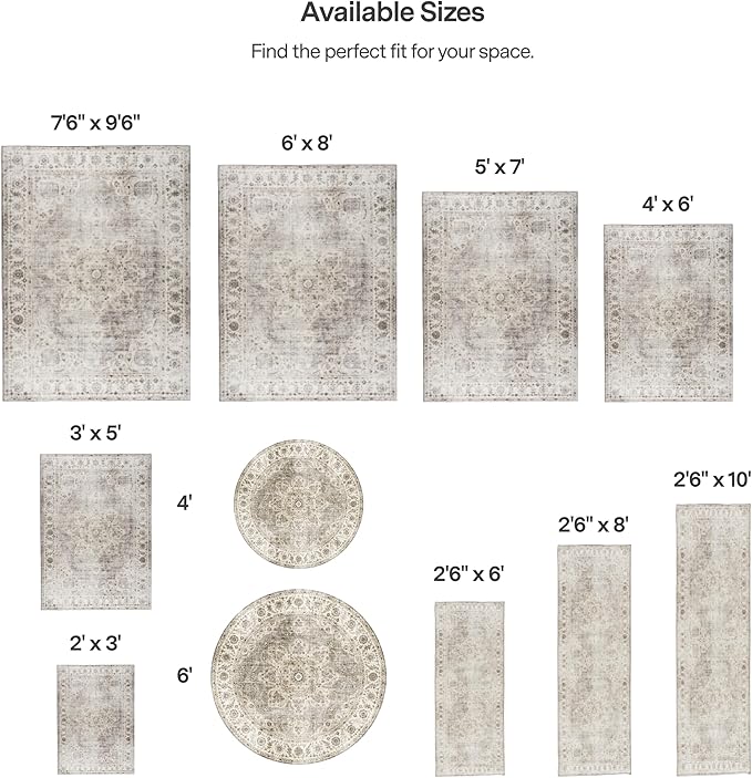ReaLife Rugs Machine Washable Area Rug - Living Room Bedroom Bathroom Kitchen Entryway Office - Padded Low Pile Stain Resistant Premium - Boho Farmhouse Vintage - Joy - Beige Ivory 6' Round