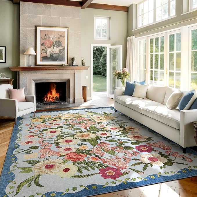 Area Rug for Living Room - 8x10 Washable Floral Rugs Non-Slip Soft Low Pile Bedroom Rug Under Bed Stain Resistant Accent Indoor Floor Carpet for Dining Room Playroom Home Office Decor, Blue