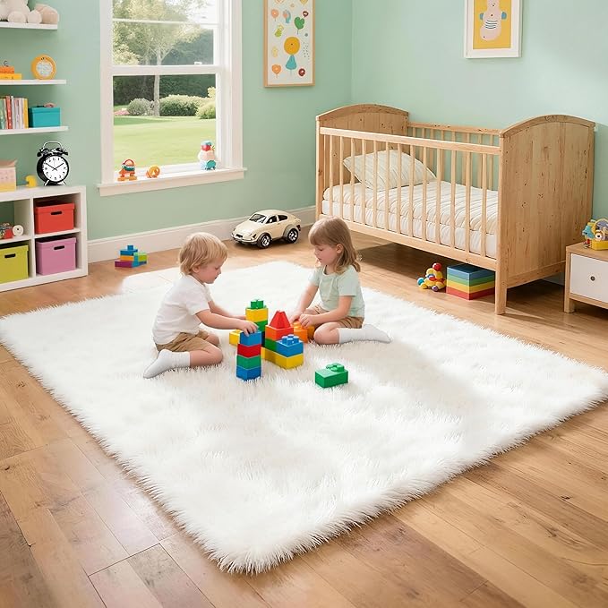 4x6 Solid Fluffy White Area Rug – Washable, Durable, Living Room Rug, Non-Slip High Pile Shag Rugs for Bedroom, Living Room, Bedside, Dorms, Nursery Rooms, Kids Room, Soft Indoor Floor Carpet