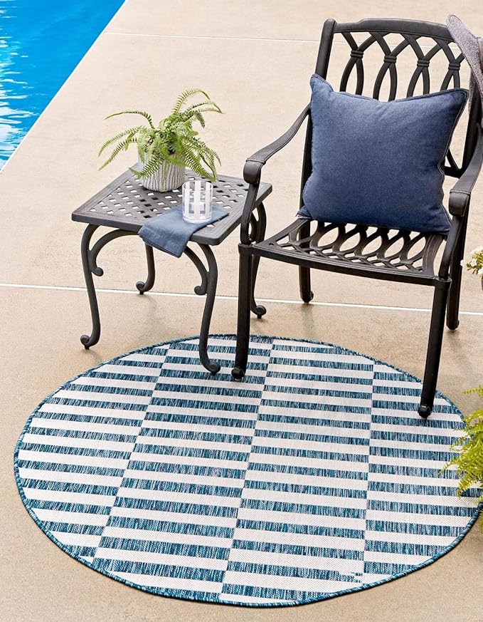 Unique Loom Outdoor Striped Collection Area Rug - Striped (12' Round Blue/Ivory)