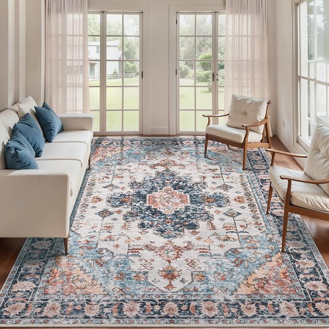 Tangsoo 5x7 Area Rug Washable Rug for Living Room, Vintage Rug Indoor Non Slip Large Area, Print Distressed Blue Carpet, Soft Low Pile Foldable Floor for Bedroom Dining Room Dorm