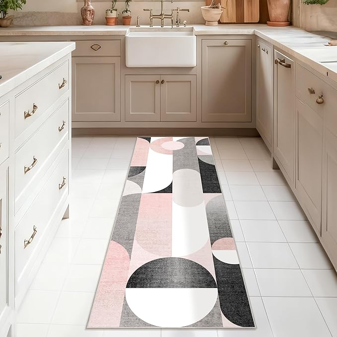 Pink Runner Rug 2x6 Washable Rug Runners for Hallway Kitchen,Long Modern Rugs for Bedroom Entryway Bathroom,Non Slip Floor Carpet,Blush Grey Black