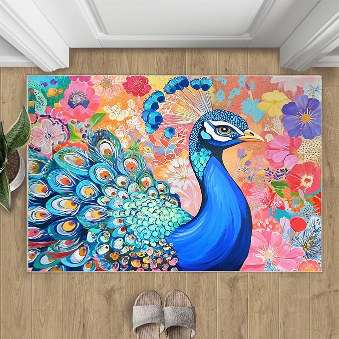 Peacock Area Rug 4x6-4x6 Rug, Boho Floral Rugs for Living Room, Colorful Carpet, Oil Painting Art Washable Area Rugs for Bedroom, Aesthetics Carpet - Peafowl Home Decor & Gifts