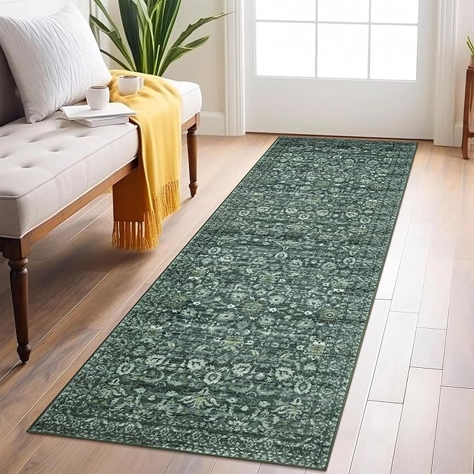 Vintage Floral 2x6 Runner Rug, Dark Green Washable Kitchen Runner Rug Non-Slip Hallway Rug Runner Boho Thin Printed Faux Wool Super Soft Carpet for Entryway Bedroom Laundry Room Indoor