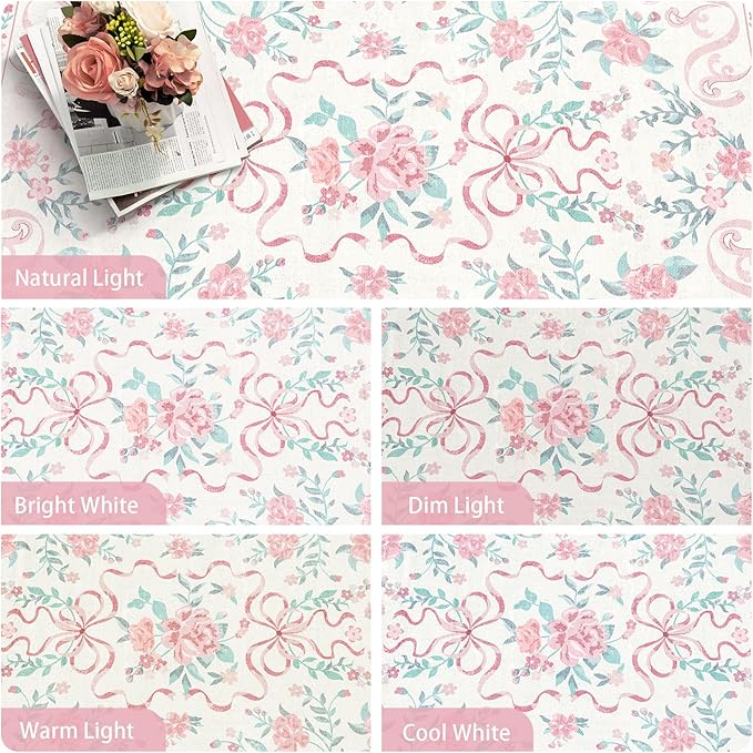 Pink Rug Bow Floral Rug for Girls, 5x7 Washable Area Rugs for Bedroom Living Room, Kitchen,Dining Room,Kids Room, Playroom, Cute Ultra-Thin Non Slip Low Pile Indoor Carpet