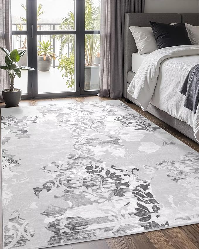 Washable Abstract Rug, 9x12 Classic Grey and White Floral Area Rugs with Non-Slip Rubber Backed for Living Room, Low Pile Modern Throw Carpet Bedroom Dining Room Decor