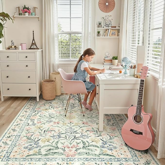 Lahome Boho Rugs for Living Room, Washable Large 8 x 10 Area Rugs for Bedroom Non Slip, Soft Ultra-Thin Distressed Floral Throw Carpet for Office Dining Room, Cream/Multi