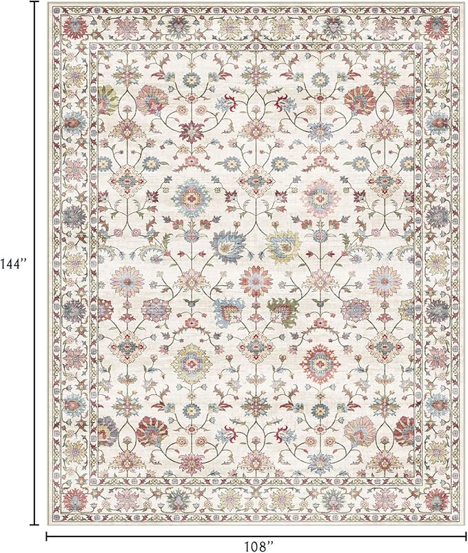 Area Rugs 9x12 Living Room - Large Washable Cream Boho Rugs for Bedroom Soft Vintage Rug Ultra-Thin Colorful Traditional Floral Carpet Farmhouse Rug for Dining Room Guest Room Home Decor