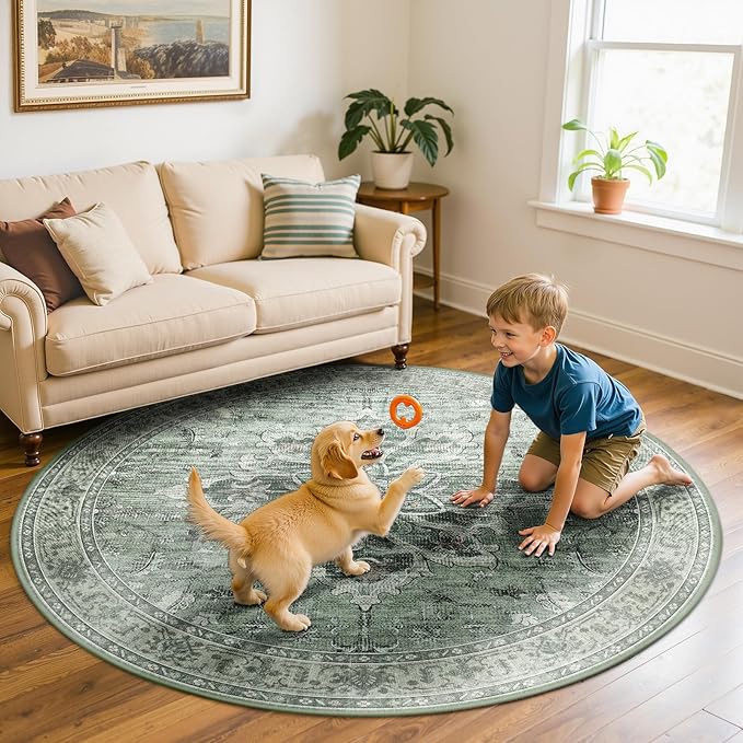 Area Rugs 7ft Washable Non-Slip, Floral Vintage Distress Print Pattern Medallion Carpet for Living Room Bedroom Dining Room, Dark Green Gray
