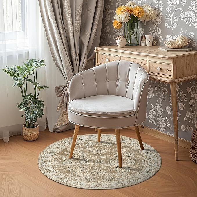 jinchan Fiora Round Rug 4ft Area Rug - Indoor Vintage Hallway Circle 4' Washable - Ultra-Thin Low Pile Soft Small Non Slip Distressed Floral Print for Living Room Dining Room Bedroom Entryway Taupe